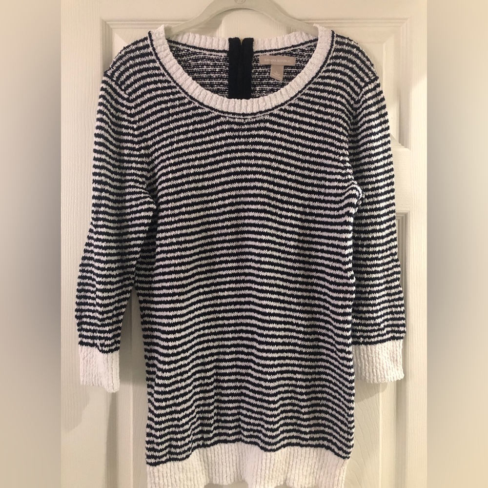Banana republic, Large, navy/ white stripe sweater. 3/4 sleeve Zip back EUC